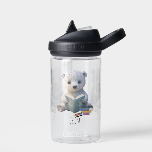 Cute Polar Bear Book Kids School Personalized Name Water Bottle (Left)