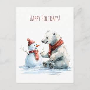 Cute polar bear build a snowman, Christmas  Postcard