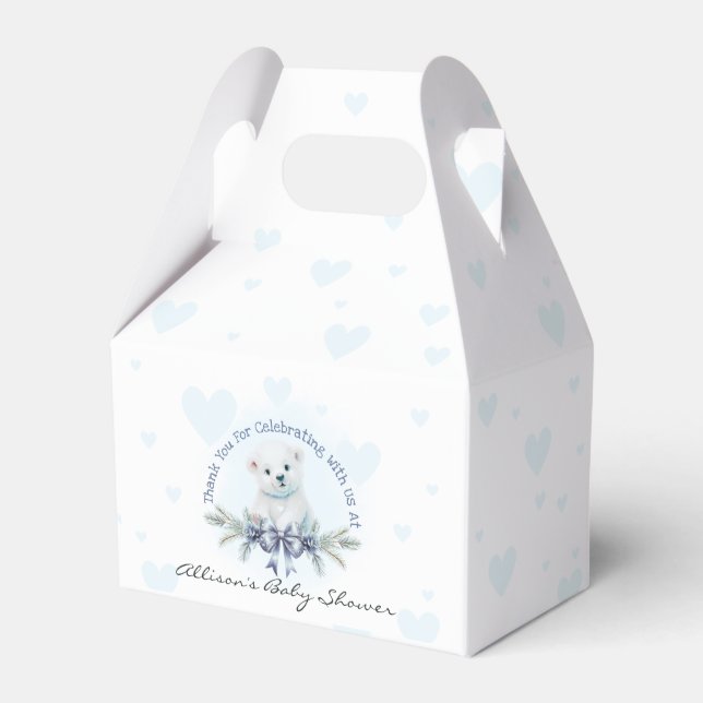 Cute Polar Bear Cub Blue Boy Winter Baby Shower Favor Box (Front Side)