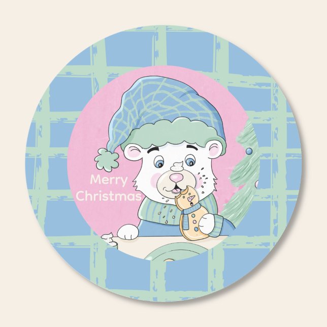 Cute Polar Bear Cub with Cookie Christmas Sticker  (Cute polar bear cub nibbling on a home baked cookie Christmas round sticker .)