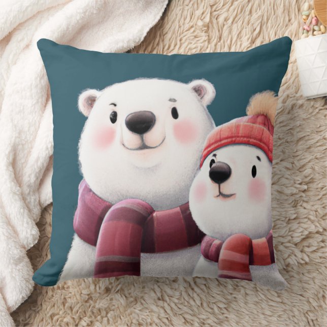 Cute Polar Bear Cubs Wearing Scarves Throw Pillow (Blanket)
