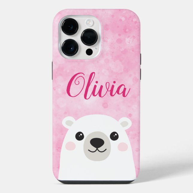 Cute polar bear custom name pink iPhone case (Back)