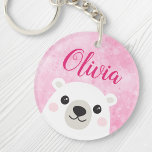 Cute polar bear custom name pink keychain<br><div class="desc">Keychain featuring a cute little polar bear on a pink background and customizable name above.</div>