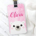 Cute polar bear custom name pink luggage tag<br><div class="desc">Cute luggage tag featuring a cute little polar bear on a pink background and your custom name or other text.</div>