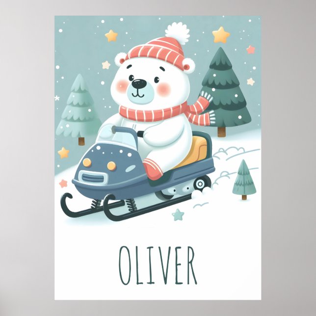 Cute Polar Bear Driving Snowmobile Personalized Poster (Front)