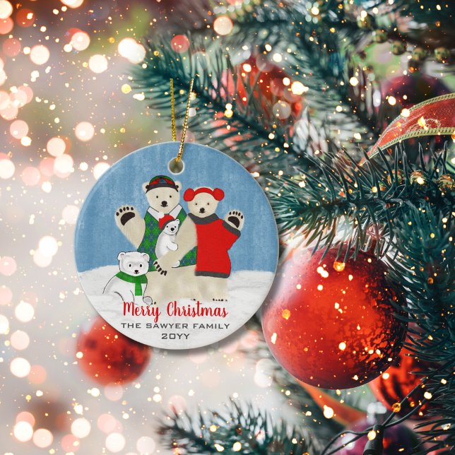 Cute Polar Bear Family Waving Merry Christmas Ceramic Ornament (Creator Uploaded)