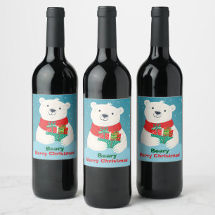 Cute Polar Bear Gifts & Playful Message Christmas Wine Label