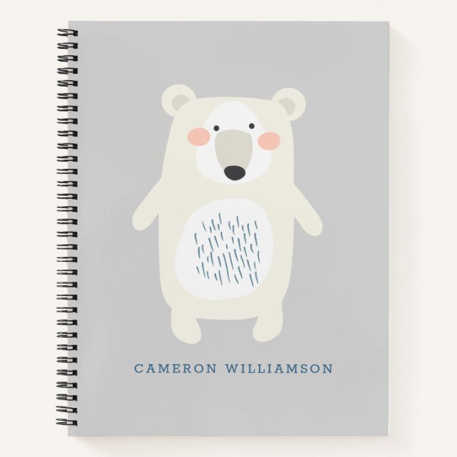 Cute Polar Bear Grey Personalized School Notebook (Front)