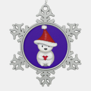 Cute Polar Bear Holding Heart Snowflake Pewter Christmas Ornament