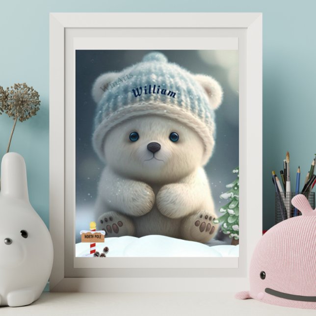 Cute Polar Bear in Snow Blue Hat Personalized Art Poster (Creator Uploaded)