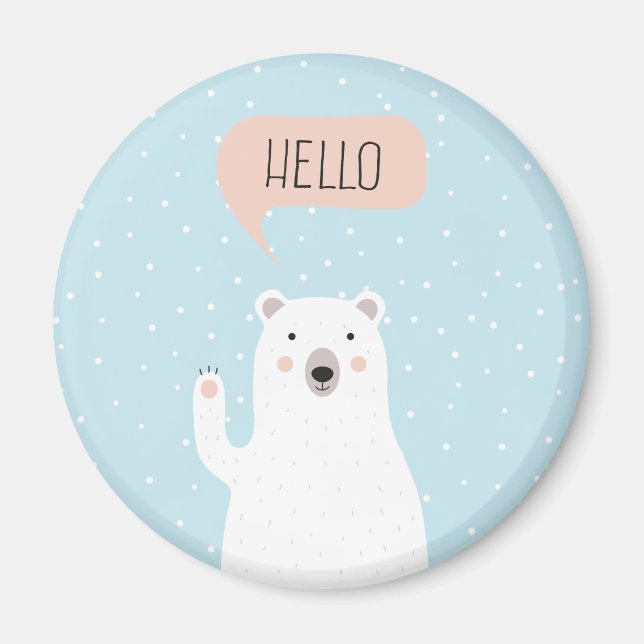 Cute Polar Bear in the Snow says Hello Magnet (Front)