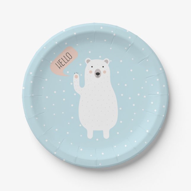 Cute Polar Bear in the Snow says Hello Paper Plate (Front)