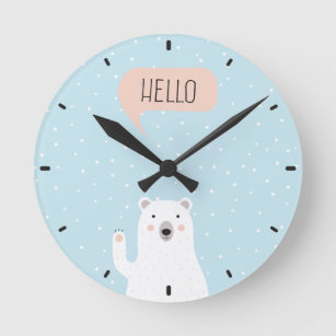 Cute Polar Bear in the Snow says Hello Round Clock