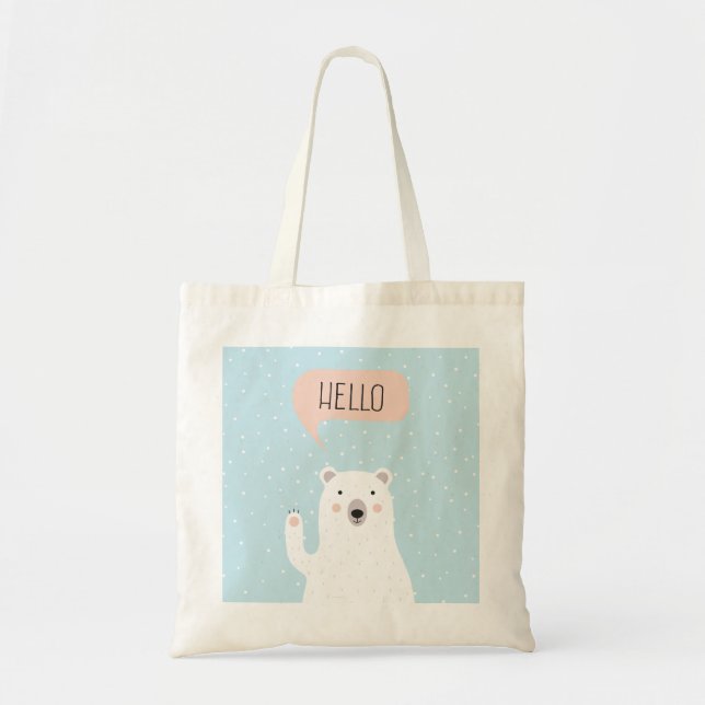 Cute Polar Bear in the Snow says Hello Tote Bag (Front)