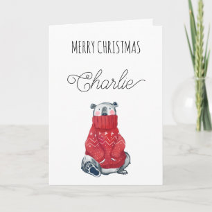Cute Polar Bear Merry Christmas Name Folded Holiday Card