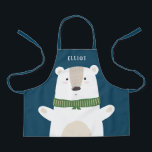 Cute Polar Bear Modern Kids Blue Apron<br><div class="desc">This cute apron features a simple, adorable white bear over a custom colour background (shown in blue). He's wearing a green scarf and is opening his arms, ready for a hug! A text template is included for personalization, making this apron a unique gift! Perfect for holiday season baking with kids!...</div>