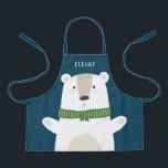 Cute Polar Bear Modern Kids Blue Apron<br><div class="desc">This cute apron features a simple, adorable white bear over a custom colour background (shown in blue). He's wearing a green scarf and is opening his arms, ready for a hug! A text template is included for personalization, making this apron a unique gift! Perfect for holiday season baking with kids!...</div>