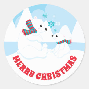 Cute Polar Bear Mom and Baby Merry Christmas Classic Round Sticker