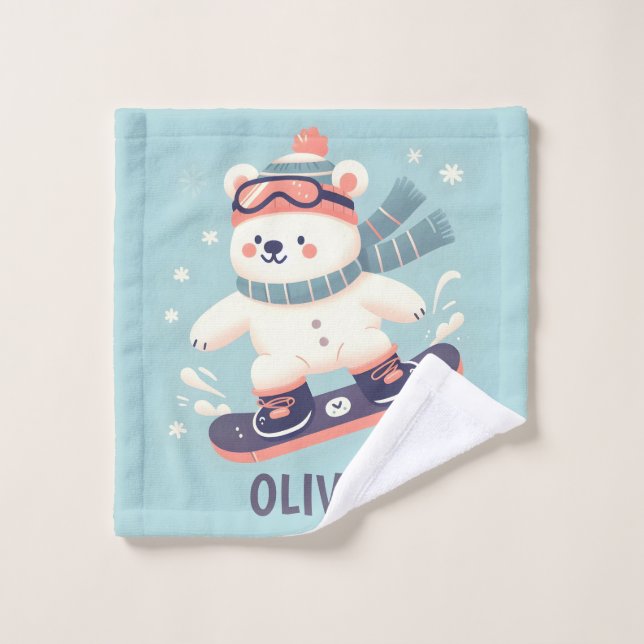 Cute Polar Bear on a Snowboard Personalized Wash Cloth (Wash Cloth)