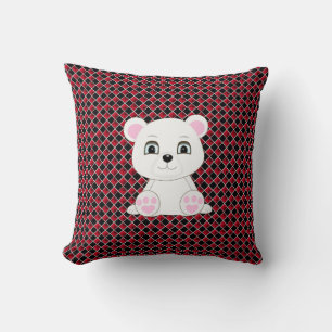 Cute polar bear on black and red diamond pattern throw pillow
