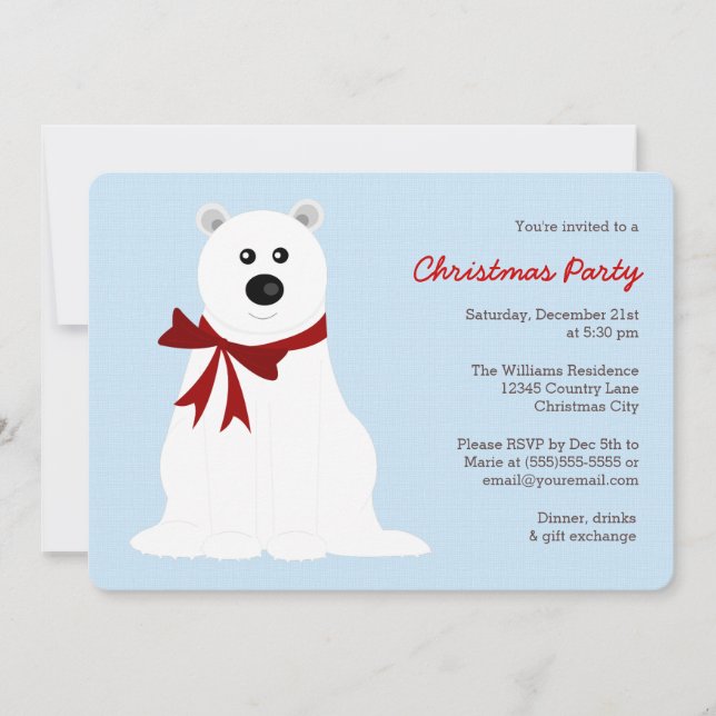 Cute Polar Bear on Ice Blue Christmas Party Invitation (Front)