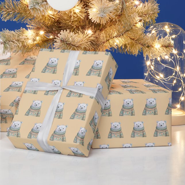Cute Polar Bear on Light Apricot Christmas Pattern Wrapping Paper (Holidays)
