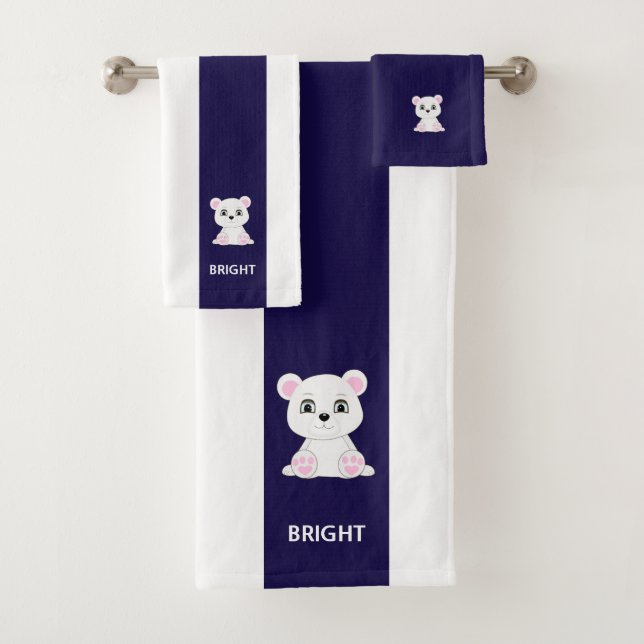 Cute polar bear on navy blue & white striped bath towel set (Insitu)
