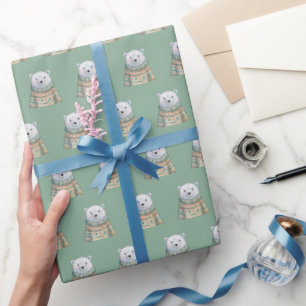 Cute Polar Bear on Sage Green Christmas Pattern Wrapping Paper