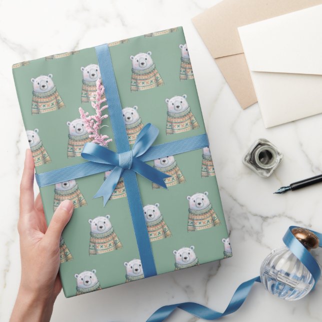 Cute Polar Bear on Sage Green Christmas Pattern Wrapping Paper (Gifting)