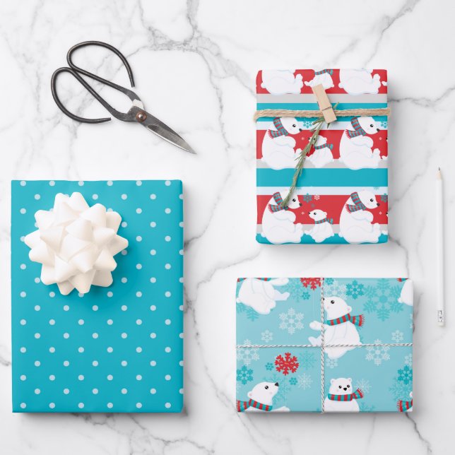 Cute polar bear pattern red white blue polka dot wrapping paper sheet (Front)