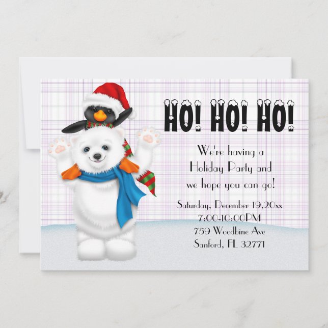 Cute Polar Bear & Penguin Christmas Party Invitation (Front)