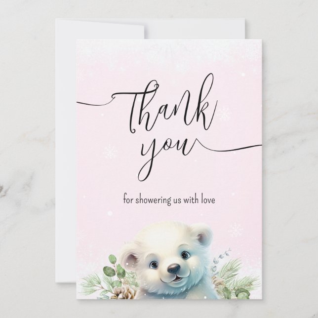 Cute Polar Bear Pink Winter Snow Thank You Card (Front)