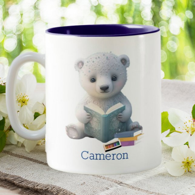 Cute Polar Bear Reading a Book Personalized  Two-Tone Coffee Mug (Creator Uploaded)
