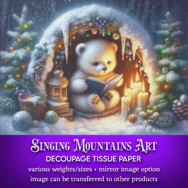 Cute Polar Bear Reading by Candlelight Decoupage Tissue Paper (Creator Uploaded)