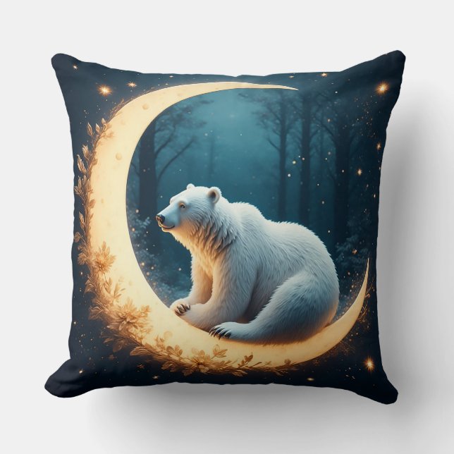 Cute Polar Bear Resting Under a Starry Night Sky Throw Pillow (Front)