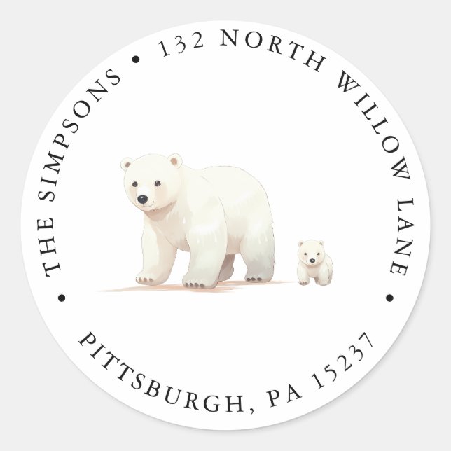 Cute Polar Bear Return Address Classic Round Sticker (Front)