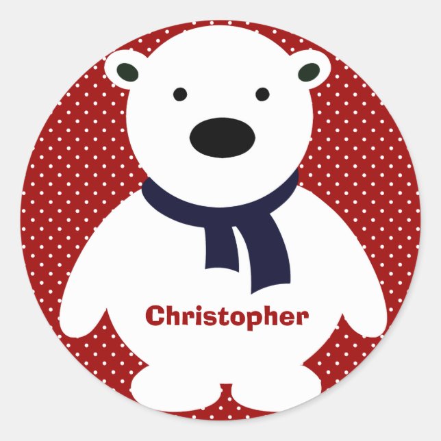 Cute Polar Bear, RW&B, Add Name Classic Round Sticker (Front)