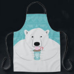 Cute Polar Bear Sipping Cocoa Illustration on Teal Apron<br><div class="desc">Here is cute polar is sipping hot chocolate cocoa with a candy cane stirring around the cup. Put this apron to great use while making those holiday treats at Christmas. The design features a large polar bear illustration on a teal pattern of bears,  trees,  hearts and snowflakes.</div>