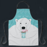 Cute Polar Bear Sipping Cocoa Illustration on Teal Apron<br><div class="desc">Here is cute polar is sipping hot chocolate cocoa with a candy cane stirring around the cup. Put this apron to great use while making those holiday treats at Christmas. The design features a large polar bear illustration on a teal pattern of bears,  trees,  hearts and snowflakes.</div>