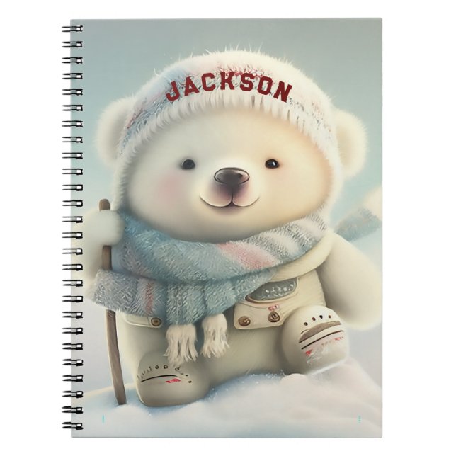 Cute Polar Bear Skiing Snowflake Winter Wonderland Notebook (Front)