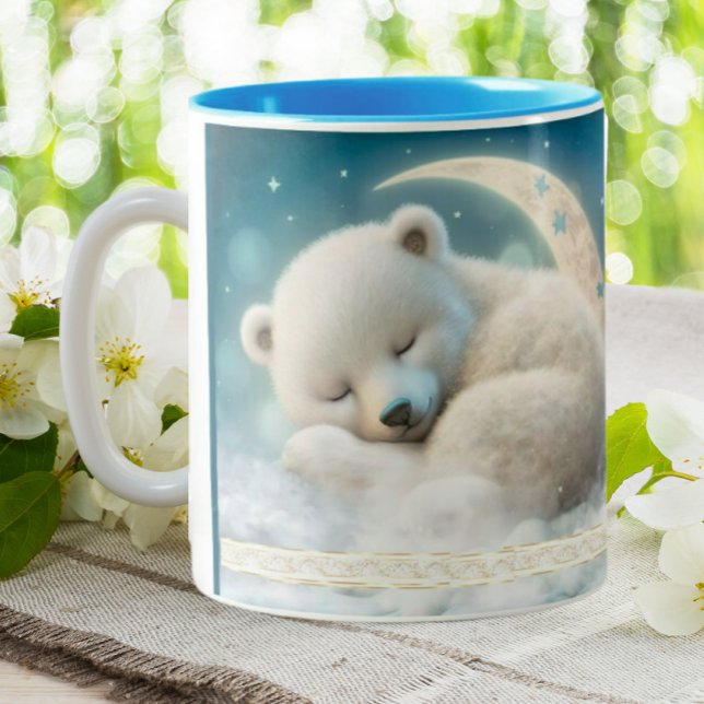 Cute Polar Bear Sleeping on the Moon Personalized Two-Tone Coffee Mug (Creator Uploaded)