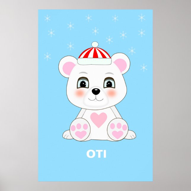 Cute Polar Bear & Snowflakes on Columbia Blue Poster (Front)