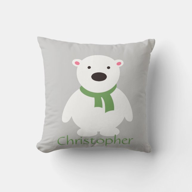 Cute Polar Bear w Green Scarf, Add Name Throw Pillow (Front)