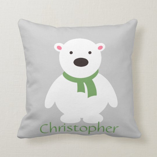 Cute Polar Bear w Green Scarf, Add Name Throw Pillow