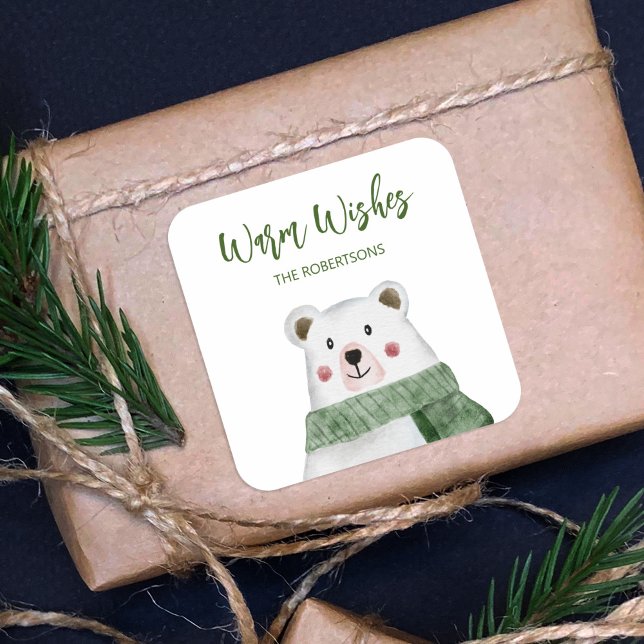 Cute Polar Bear Wearing Green Scarf Christmas Square Sticker (Creator Uploaded)