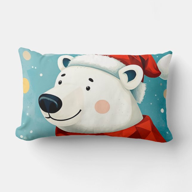 Cute Polar Bear Wearing Santa Hat and Scarf Lumbar Pillow (Front)
