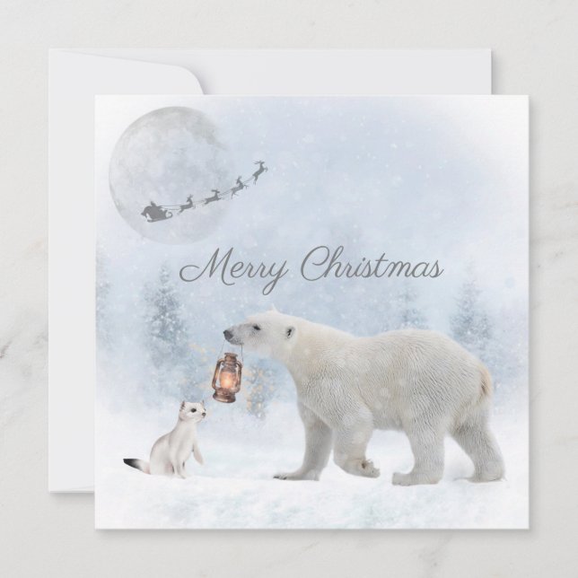 Cute Polar Bear Wild Weasel Santa Winter Christmas Holiday Card (Front)