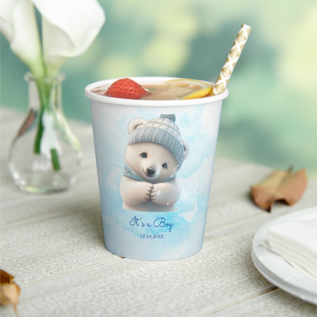 Cute Polar Bear Winter Blue Baby Shower Its Boy Paper Cups (Insitu)