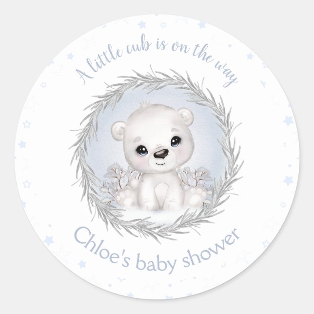 Cute Polar Bear Winter Boy Baby Shower White Classic Round Sticker (Front)