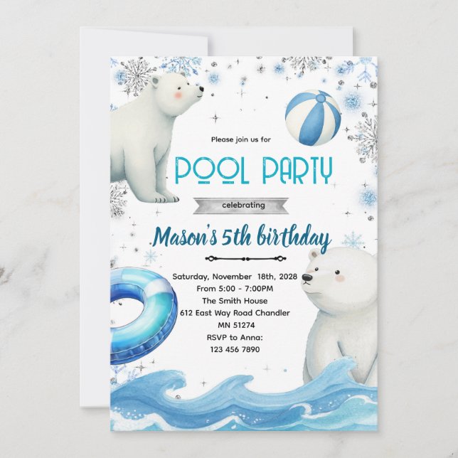 Cute polar bear winter pool theme invite (Front)